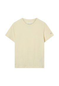 T-shirt en coton couleur crème, à manches courtes, avec un col rond, arborant un petit logo en relief sur la poitrine et un accent logo sur la manche.