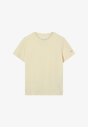 Camiseta de algodón color crema, de mangas cortas, con cuello redondo, que presenta un pequeño logo en relieve en el pecho y un detalle de logo en la manga.