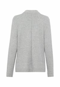 Grauer Strickcardigan mit glatter Textur, einem Kragen und langen Ärmeln. Verfügt über eine mittige Naht sowie gerippte Bündchen und Saum.