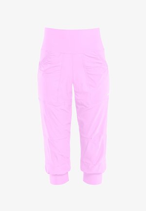 Pink cropped pants with a stretchy waistband, textured side pockets, and fitted cuffs. Made from lightweight, flexible fabric.