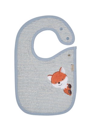 Light blue bib with a textured, striped design. Features an embroidered fox detail and button closures on the neck area.