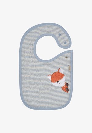 Light blue bib with a textured, striped design. Features an embroidered fox detail and button closures on the neck area.