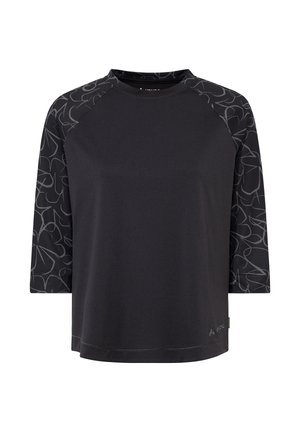 Black long-sleeve shirt with patterned dark gray sleeves and crew neckline, featuring a small brand logo near the bottom hem.