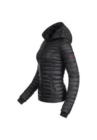 Veste matelassée noire pour femme avec capuche, fermeture éclair avant, poches latérales zippées et poignets côtelés, vue de profil.