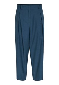 Blauwe op maat gemaakte broek met een soepele textuur, voorzien van een hoge taille, plooien en een taps toelopende snit, ontworpen voor een gestructureerde pasvorm.