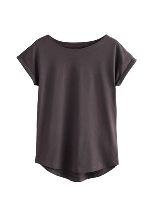 T-shirt in cotone grigio scuro a maniche corte con scollo rotondo e orlo leggermente curvo, mostrata su sfondo bianco.