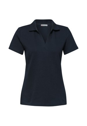 Polo bleu marine foncé à manches courtes, col ouvert et tissu doux, présenté sur fond blanc.