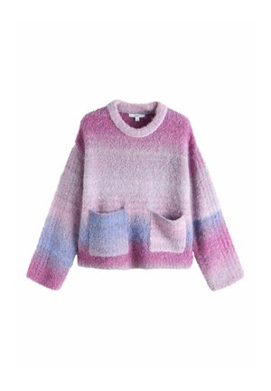 Fuzzy sweater with a round neckline, featuring horizontal gradient stripes in pink, purple, and blue. Two front pockets are integrated into the design.