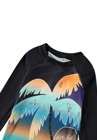Maglietta da nuoto nera a maniche lunghe con un design a gradiente di palme in turchese, arancione e viola, dotata di cuciture piatte per il massimo comfort.