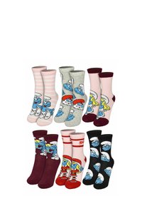 Sei coppie di calzini colorati con vari personaggi dei Puffi e design a tema, disposti in due file su uno sfondo bianco.