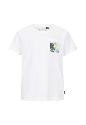 Witte T-shirt met korte mouwen en een borstzakje met een kleurrijke tropische print en de tekst "RETOUR JEANS" op het zakje.