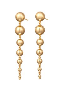 Goldene Tropfenohrringe mit einer Reihe von polierten, sphärischen Perlen in unterschiedlichen Größen, verbunden durch dünne Glieder. Reflektierende, glatte Oberfläche.