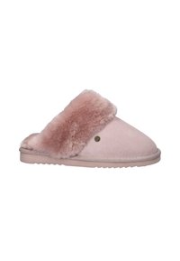 Roze suede pantoffels met een pluizige, zachte bontband over de bovenkant. Platte zool met een gestructureerde grip. Rond neusstel.