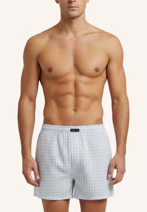 Oberkörperfreier Mann, der hellgraue karierte Boxershorts mit einem schwarzen Etikett am Bund trägt und vor einem einfarbigen Hintergrund steht.