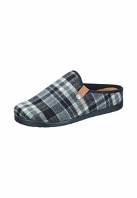 Rutig hjemmesko lavet af grå og sort stof med røde accenter, slip-on design, blødt indre, og et lysebrunt lædermærke på siden.