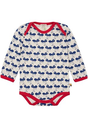 Lange mouwen babypakje van zachte katoen, met een crèmekleurige achtergrond en een herhaaldelijk blauw mierenpatroon en rode bies rond de hals en benen.