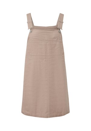 Tutina beige senza maniche, lunghezza al ginocchio, con tasca frontale e spalline regolabili con fibbie metalliche.