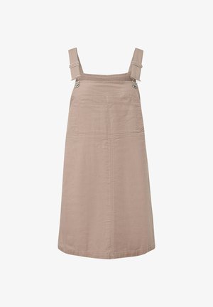 Tutina beige senza maniche, lunghezza al ginocchio, con tasca frontale e spalline regolabili con fibbie metalliche.