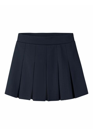 Jupe plissée bleu marine avec une taille cintrée et des plis verticaux espacés uniformément, présentée sur un fond blanc uni.
