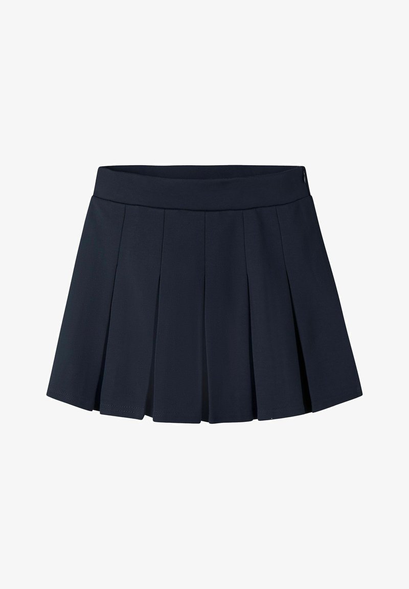 Jupe plissée bleu marine avec une taille cintrée et des plis verticaux espacés uniformément, présentée sur un fond blanc uni.