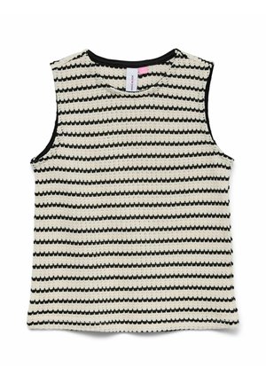 Bezrękawnik dzianinowy z czarno-białymi poziomymi zygzakowatymi paskami i okrągłym dekoltem, z metką wewnątrz kołnierza.