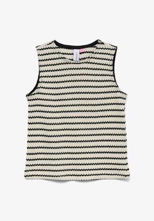 Bezrękawnik dzianinowy z czarno-białymi poziomymi zygzakowatymi paskami i okrągłym dekoltem, z metką wewnątrz kołnierza.