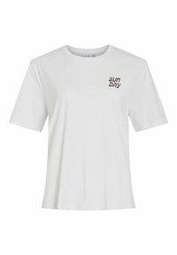 T-shirt bianco in cotone con maniche corte e collo rotondo. Presenta la scritta "SUN DAY" stampata in marrone scuro sul lato sinistro del petto. Design semplice.