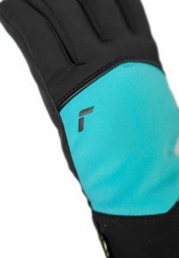 Schwarze und türkisfarbene isolierte Handschuhe mit einer soften Textur. Beinhaltet ein schwarzes Logo auf dem türkisfarbenen Bereich und einen verstärkten Handflächenbereich.