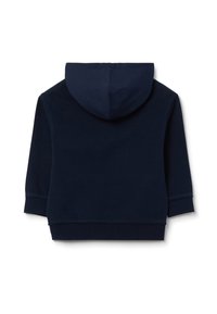 Navy blue hooded sweatshirt with a smooth texture, dropped shoulder seams, and ribbed cuffs. Features a solid design without visible logos.