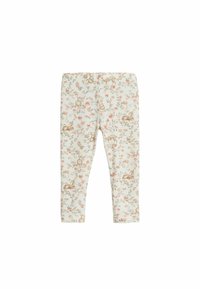 Leggings dibuat dari kain lembut, menampilkan pola bunga dengan kelinci berwarna beige dan merah muda di latar belakang yang terang. Pinggang elastis.