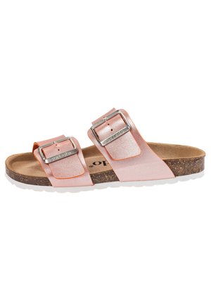 Helle rosa Slippersandale mit zwei verstellbaren metallischen Schnallen, Korkfußbett und weißer Gummisohle. Glatte Textur und minimalistisches Design.