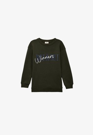 Donkergroen sweatshirt met een ronde hals, voorzien van de tekst "MIAMI" in het blauw en "Winners" in cursief wit, lange mouwen en geribbelde manchetten.
