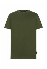 Olivgrünes Baumwoll-T-Shirt mit kurzen Ärmeln, Rundhalsausschnitt und geradem Saum. Auf der unteren Seite befindet sich ein kleines Etikett.