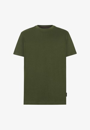 T-shirt in cotone verde oliva con maniche corte, collo a giro e orlo dritto. Presenta una piccola etichetta sul lato inferiore.