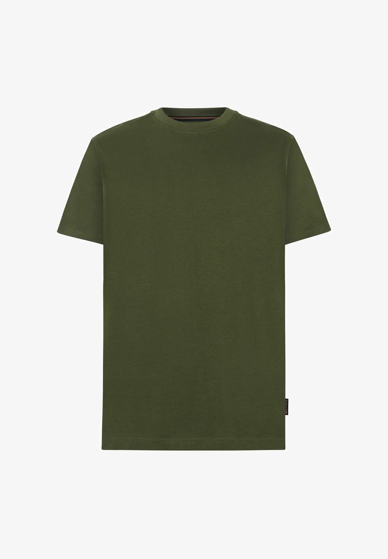 Olivgrünes Baumwoll-T-Shirt mit kurzen Ärmeln, Rundhalsausschnitt und geradem Saum. Auf der unteren Seite befindet sich ein kleines Etikett.