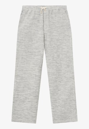 Pantaloni lounge grigio chiaro in tessuto testurizzato, con vita elasticizzata e chiusura a cordoncino. Vestibilità comoda con gambe larghe.