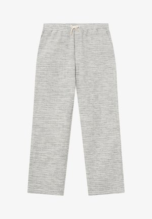 Pantalons de lounge gris clair en tissu texturé, avec une taille élastique et un cordon de serrage. Coupe ample avec des jambes larges.