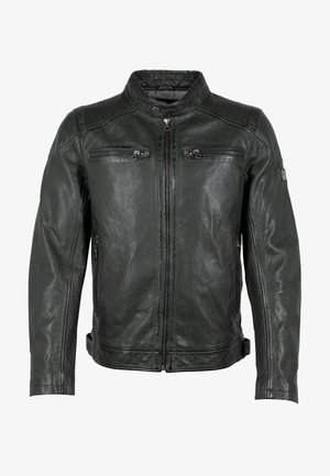 Leder-Motorradjacke in Dunkelgrün mit Stehkragen, Frontreißverschluss und zwei Brustreißverschlusstaschen. Verfügt über strukturierte Schulterdetails.