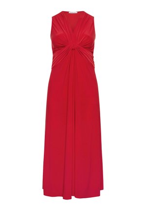 Ärmelloses rotes Midikleid mit tiefem V-Ausschnitt und gerafftem Knotendetail in der vorderen Mitte, fließende gerade Silhouette.