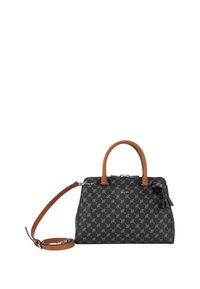 Borsa a tracolla nera con motivo, manici in pelle marrone e tracolla rimovibile; include un dettagli decorativo con nappina.