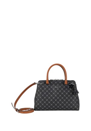 Borsa a tracolla nera con motivo, manici in pelle marrone e tracolla rimovibile; include un dettagli decorativo con nappina.
