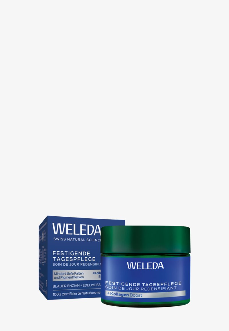 Grünes Glas mit einem breiten, runden Deckel. Daneben eine blaue Verpackung. Text hebt "Collagen Boost" und Zutaten wie "Blaue Enzian" hervor.