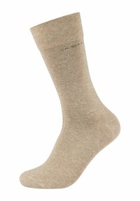 Beige pamutfonál, bordázott textúrával, zárt hosszúságú, megerősített orral. Minimális márkázás látható a felső szegély közelében.