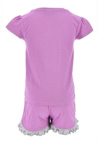 Purple short-sleeve top with gathered cap sleeves paired with matching lavender shorts featuring gray ruffled hem. Soft cotton material.