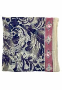 Écharpe multicolore présentant un motif floral et abstrait dans des teintes de violet, gris et beige, avec une bordure décorative rose et une texture subtile.