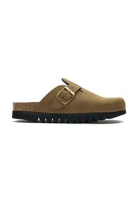 Brown suede clog with a gold buckle, cork midsole, and a textured black rubber sole featuring a wavy pattern.