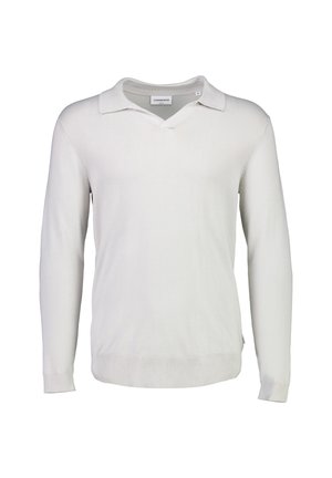 Langarm-Pullover in Hellgrau mit flachem Kragen und V-Ausschnitt. Hergestellt aus weichem, leichtem Stoff mit gerippten Bündchen und Saum.