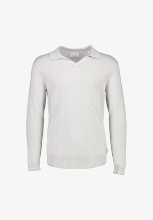 Langærmet pullover i lys grå, med flad krave og v-hals design. Lavet af blødt, letvægts stof med ribbede manchetter og kant.