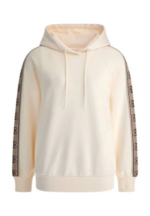 Kremowa bluza z kapturem z logo "GUESS" z przodu, kapturem ze ściągaczem i beżowym paskiem z czarnym wzorem biegnącym wzdłuż obu rękawów.