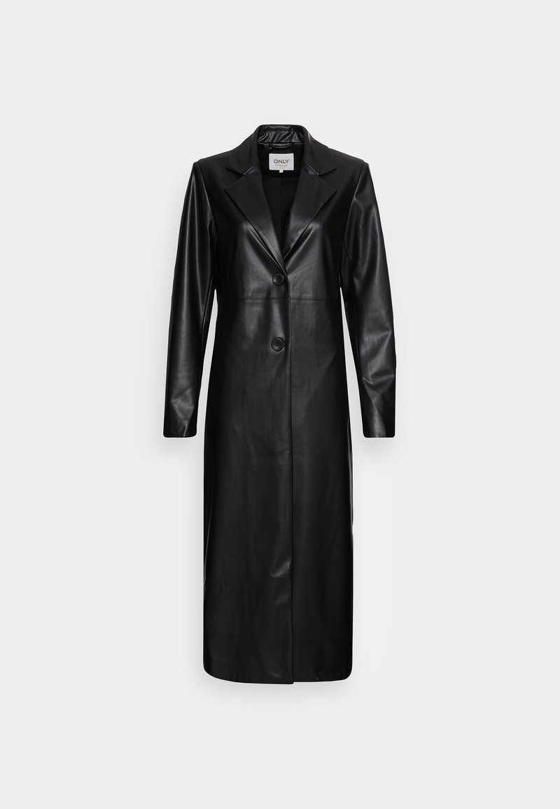 Schwarzer Leder-Mantel mit langen Ärmeln, einem Reverskragen, zwei Knöpfen und einer geraden Silhouette, mit glatter Textur und minimalistischem Design.